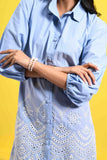 Light Blue Cotton Shirt Dress with Lace Cutwork Detail