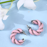 Pink Leather Silver Twisted Hoops