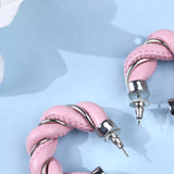 Pink Leather Silver Twisted Hoops