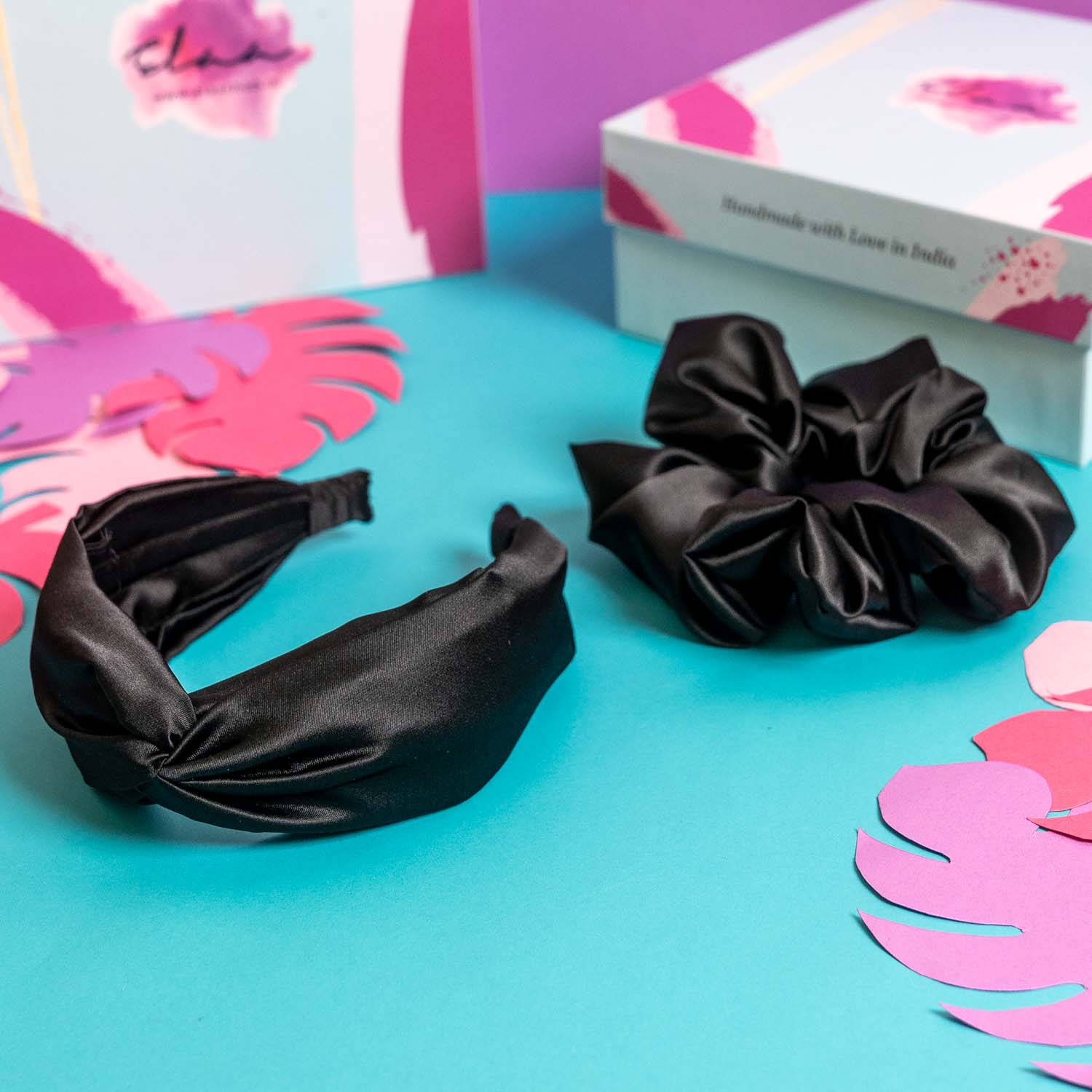 Veronica Headband in Black Satin with Large Scrunchie