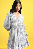 Black and White Textured Stripes Full Sleeves Dress with Lace
