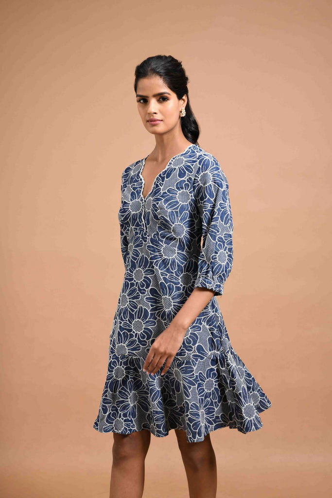 Navy Blue and White Floral Lace Cotton Dress – Elaa
