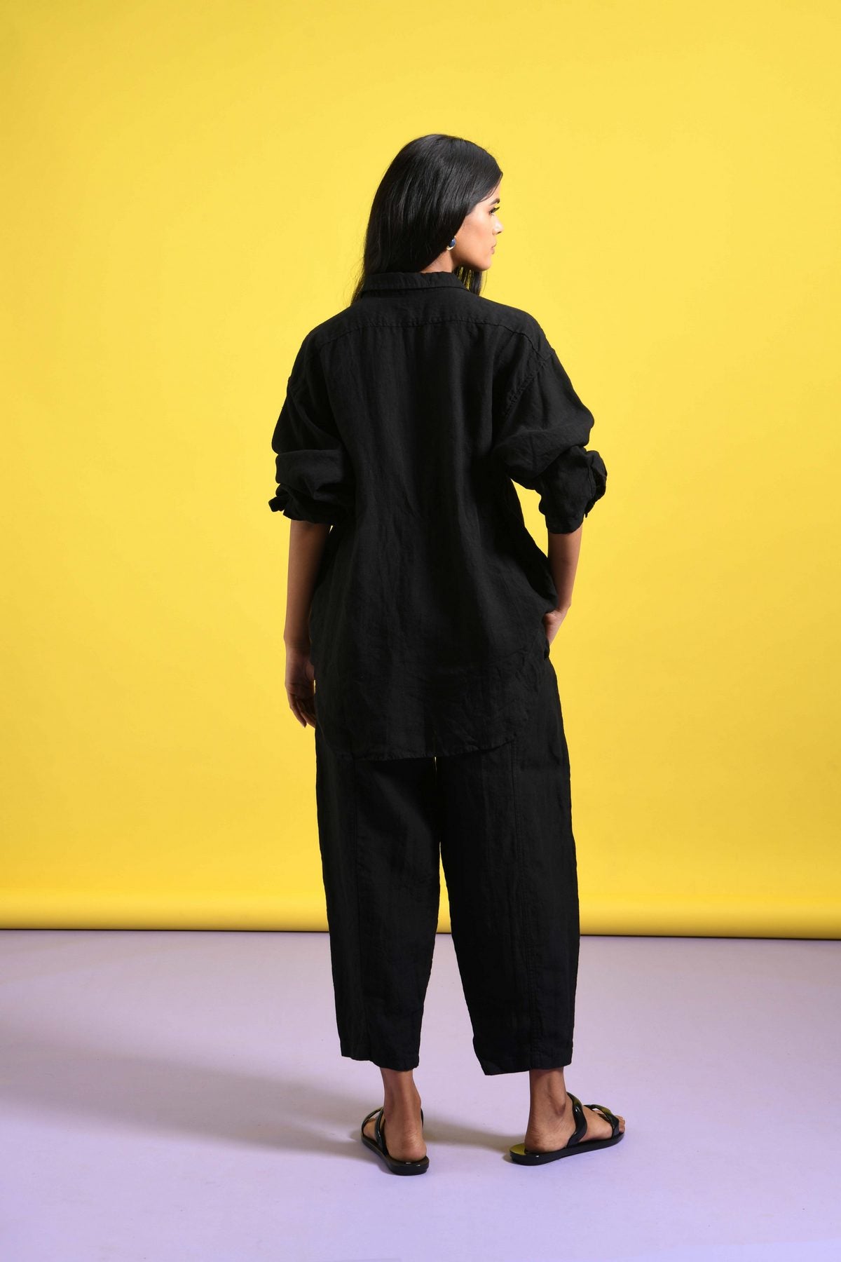 Black Linen Co-ord Set Full Sleeve Shirt