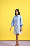 Light Blue Cotton Shirt Dress with Lace Cutwork Detail