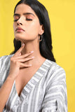 Black and White Textured Stripes V neck Top with Front Pleat