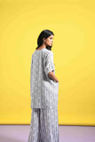 Black and White Textured Stripes Co-ord Set with Vneck Top and Wide Leg Pant
