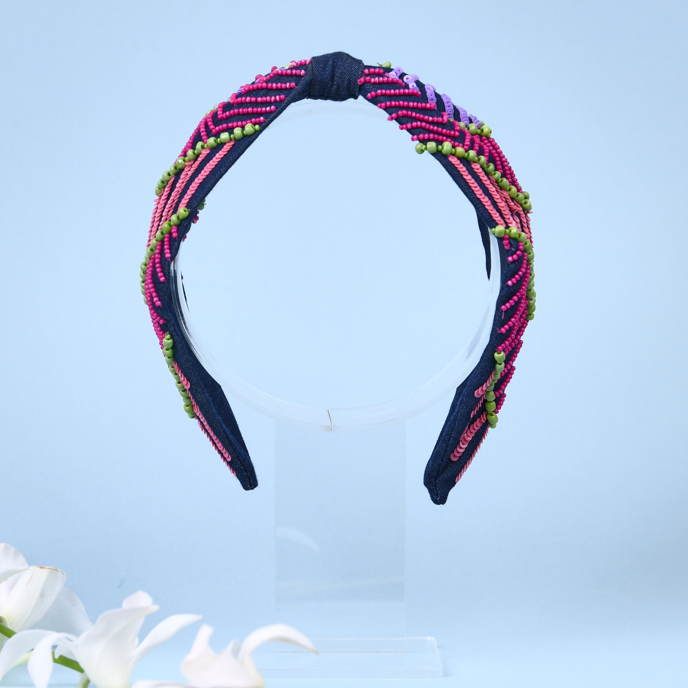 Betty Cooper Denim Headband in Neon Embroidery