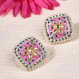 Pink Meenakari and Polki Square Studs