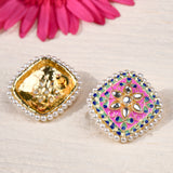 Pink Meenakari and Polki Square Studs