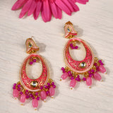 Pink Meenakari Oval Drop Earrings with Crystal