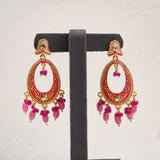 Pink Meenakari Oval Drop Earrings with Crystal