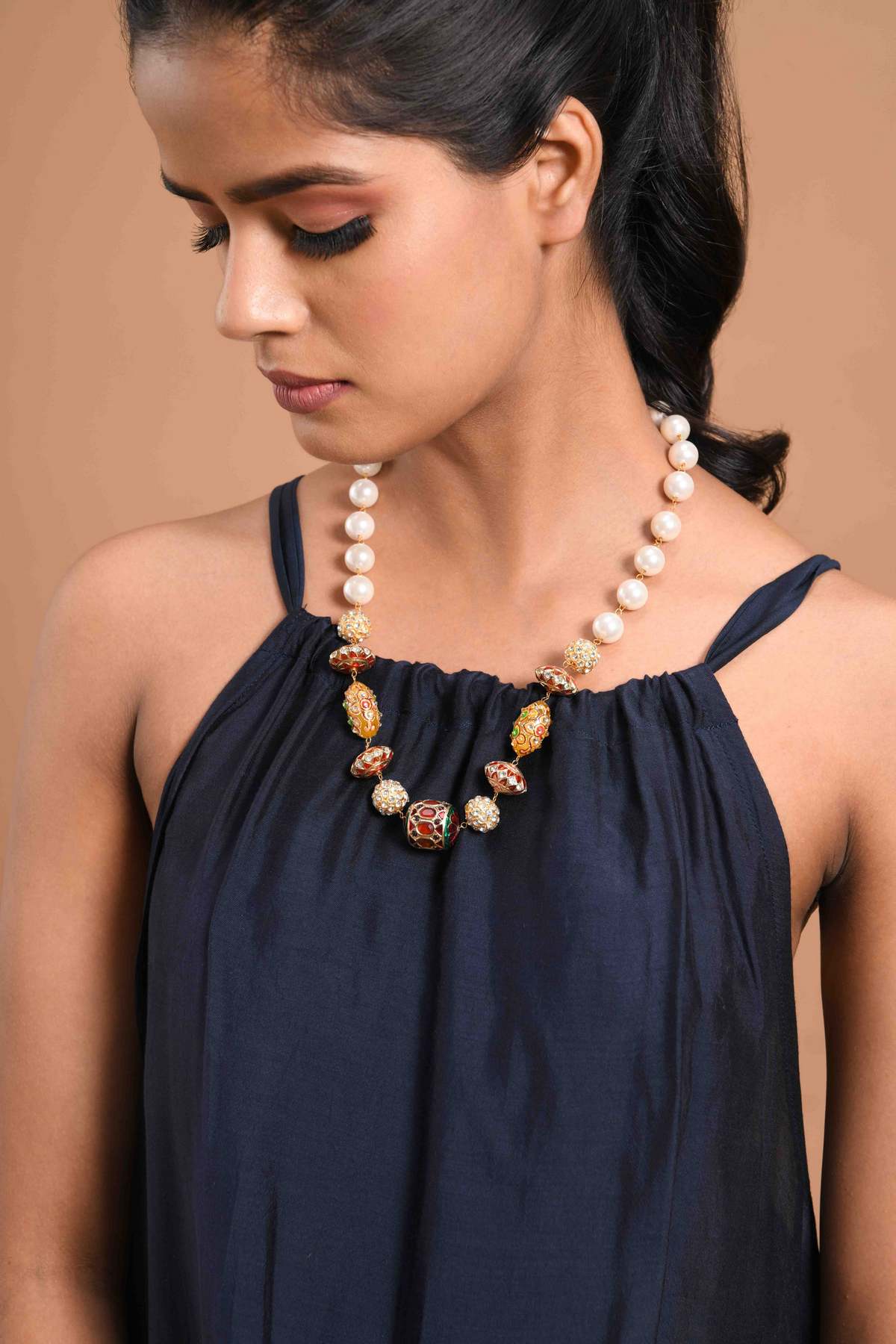 Meenakari and Pearls (Red) Single Line Necklace