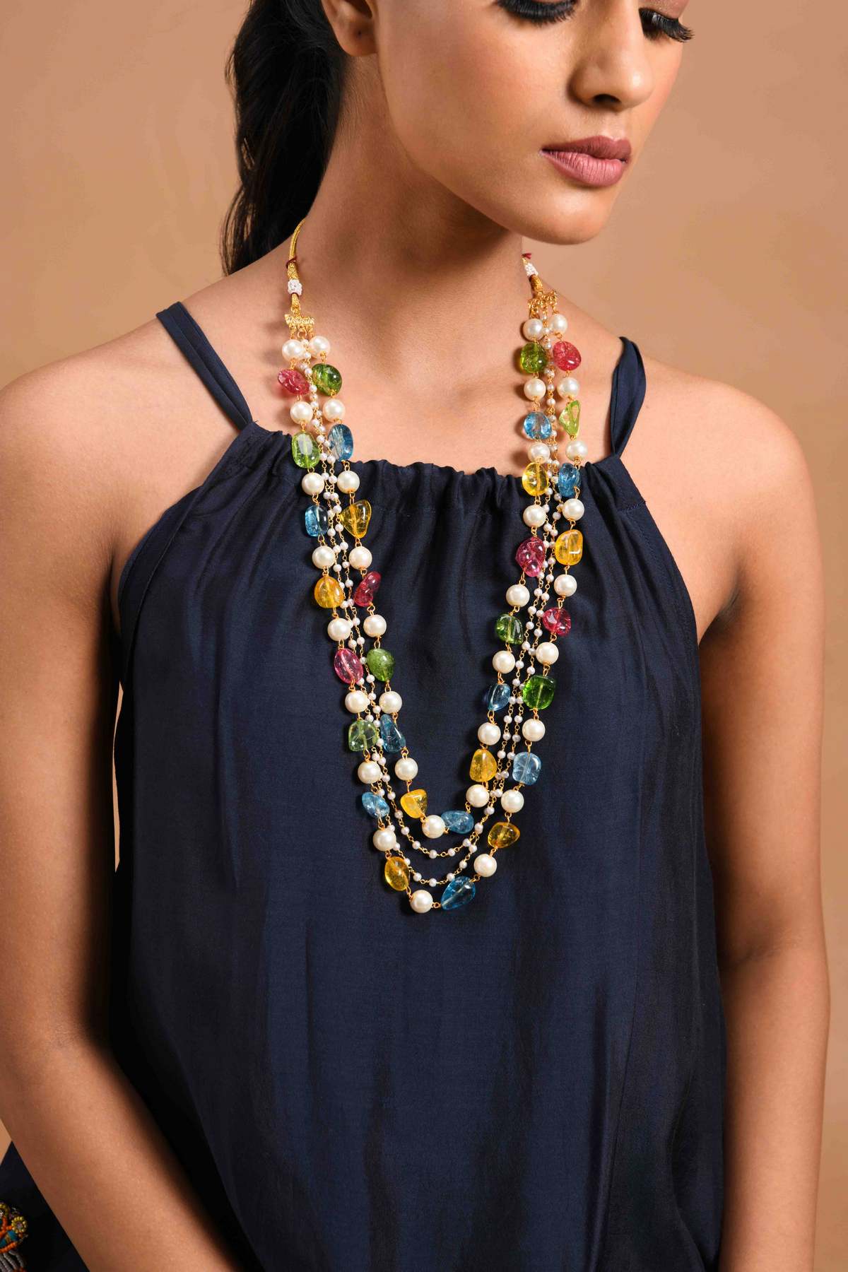Multicolour Crystals and Pearls Double Layered Necklace