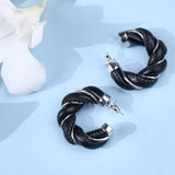 Black Leather Silver Twisted Hoops