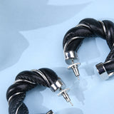 Black Leather Silver Twisted Hoops