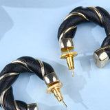 Black Leather Gold Twisted Hoops