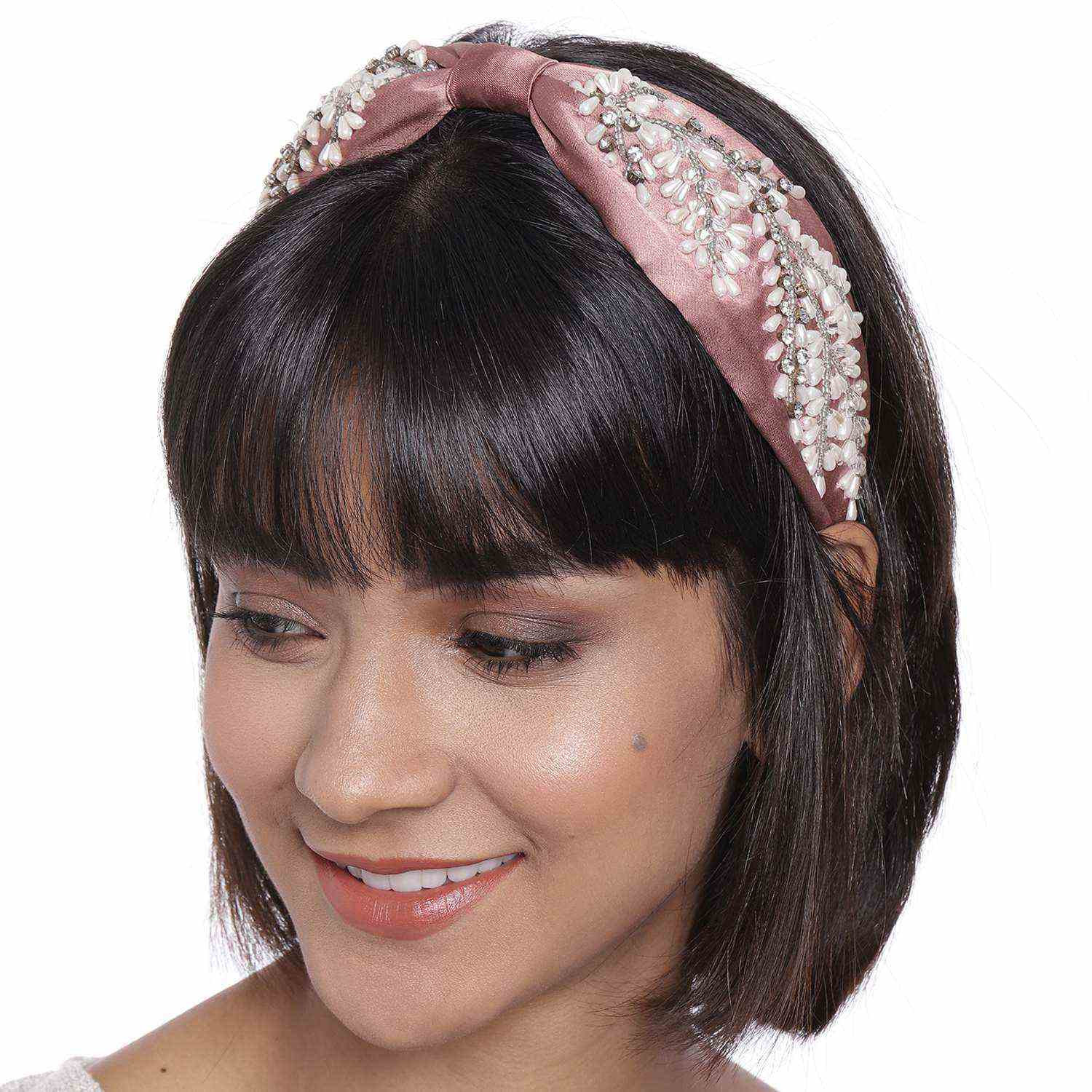 Betty Cooper In Mauve Satin with Intricate Veil Embroidery Headband