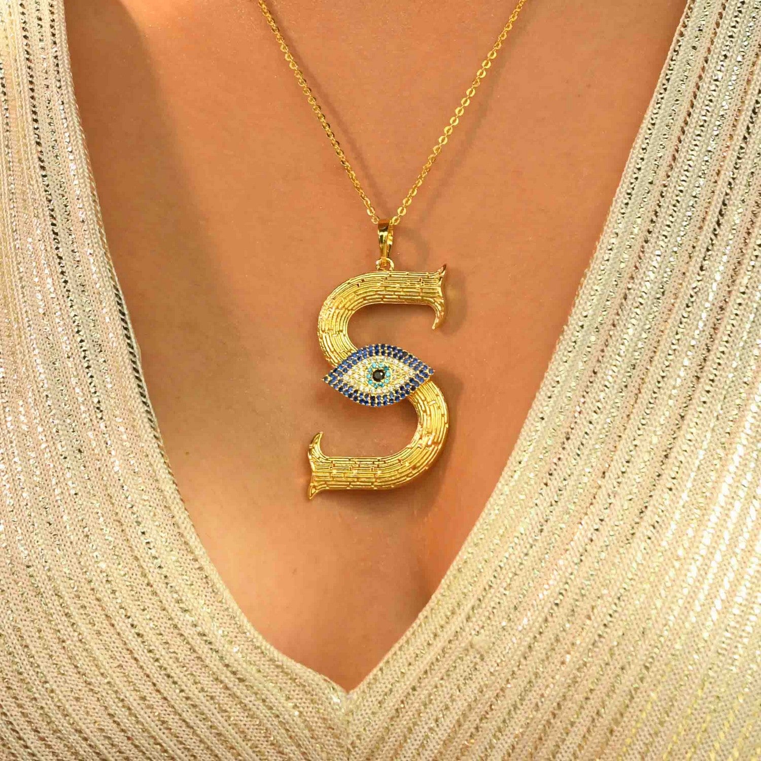 Initial Pendant S with Evil Eye