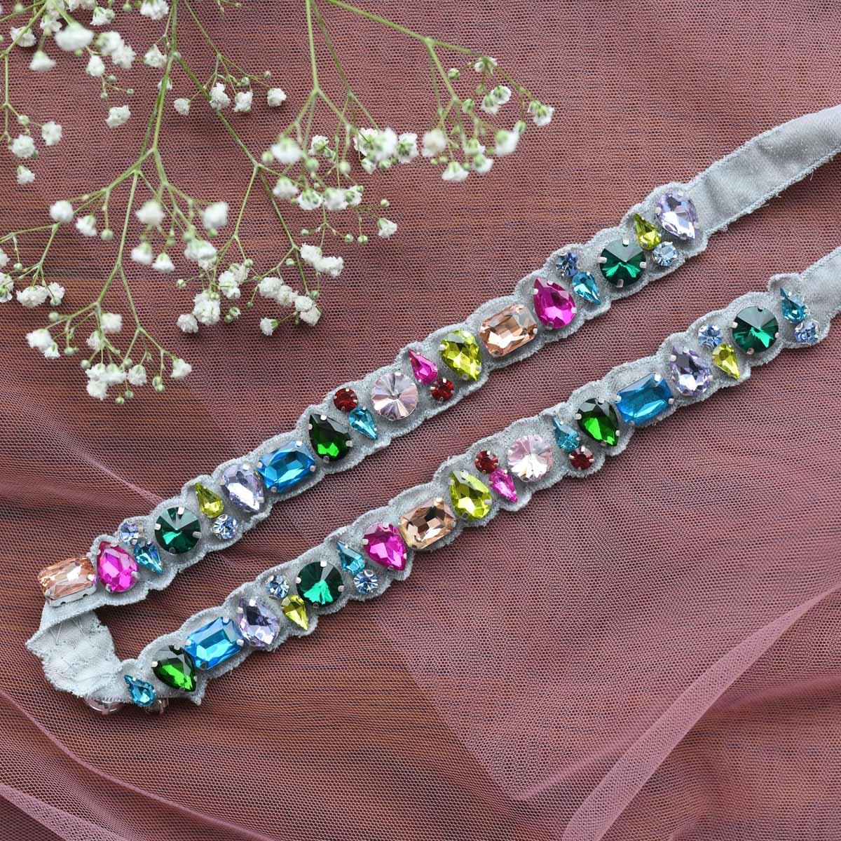 Embroidered Tie up Headband with Multi Colour Stones