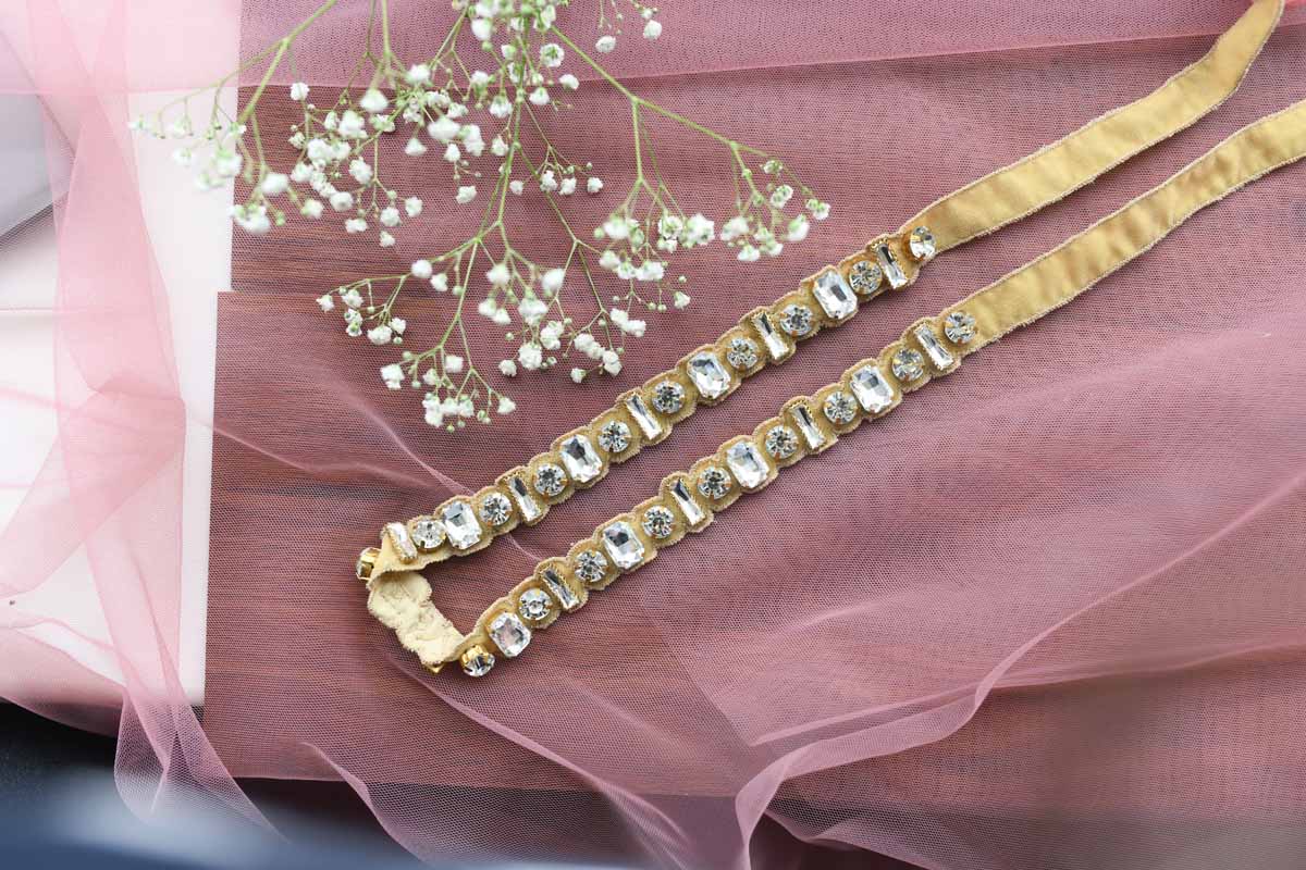 Embroidered Tie up Headband with Crystals on Beige