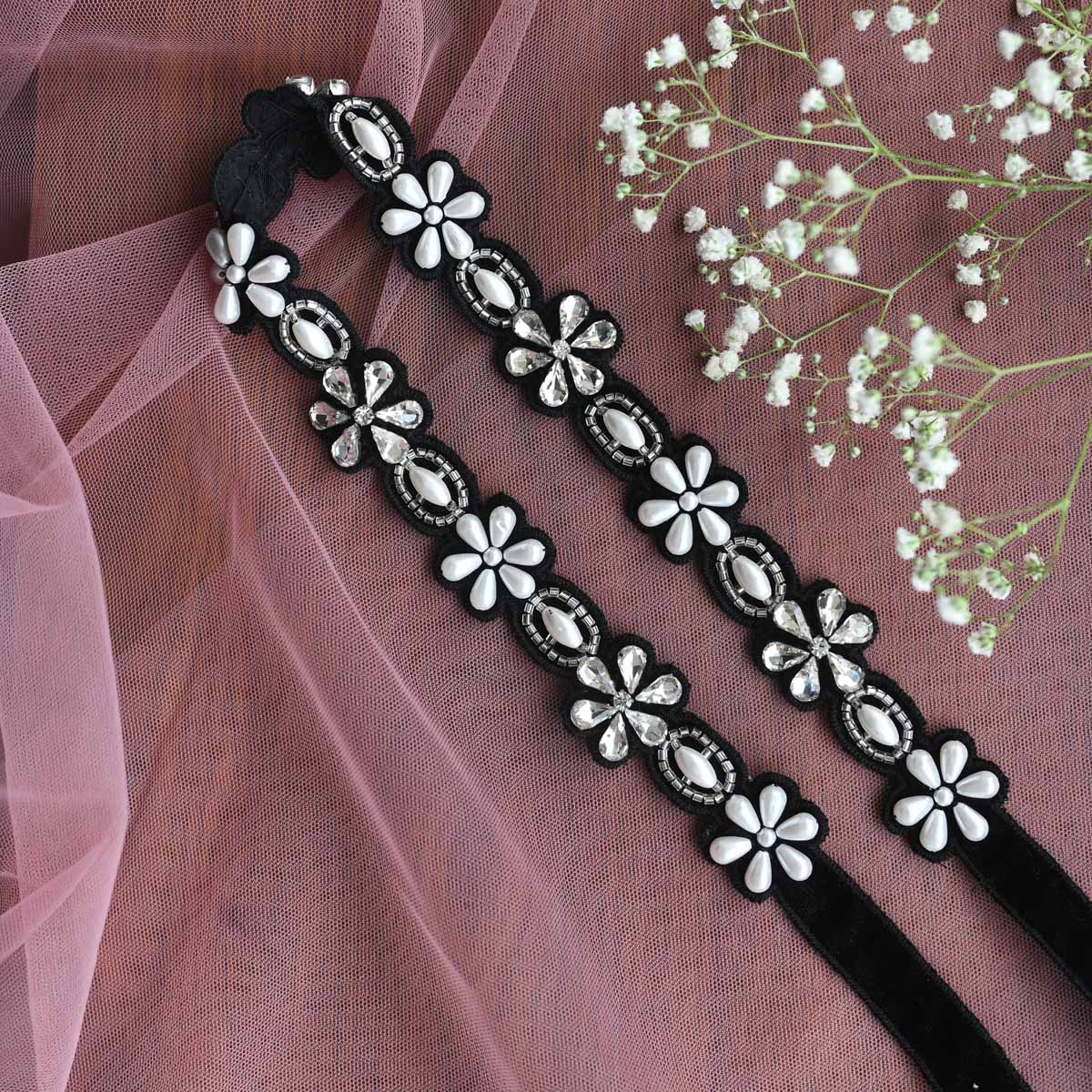 Embroidered Tie up Headband with alternating Pearl and Crystal Flowers
