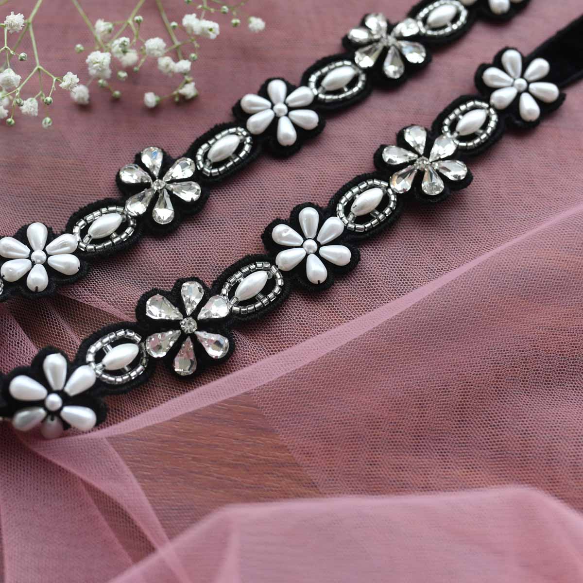 Embroidered Tie up Headband with alternating Pearl and Crystal Flowers