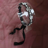 Embroidered Tie up Headband with alternating Pearl and Crystal Flowers