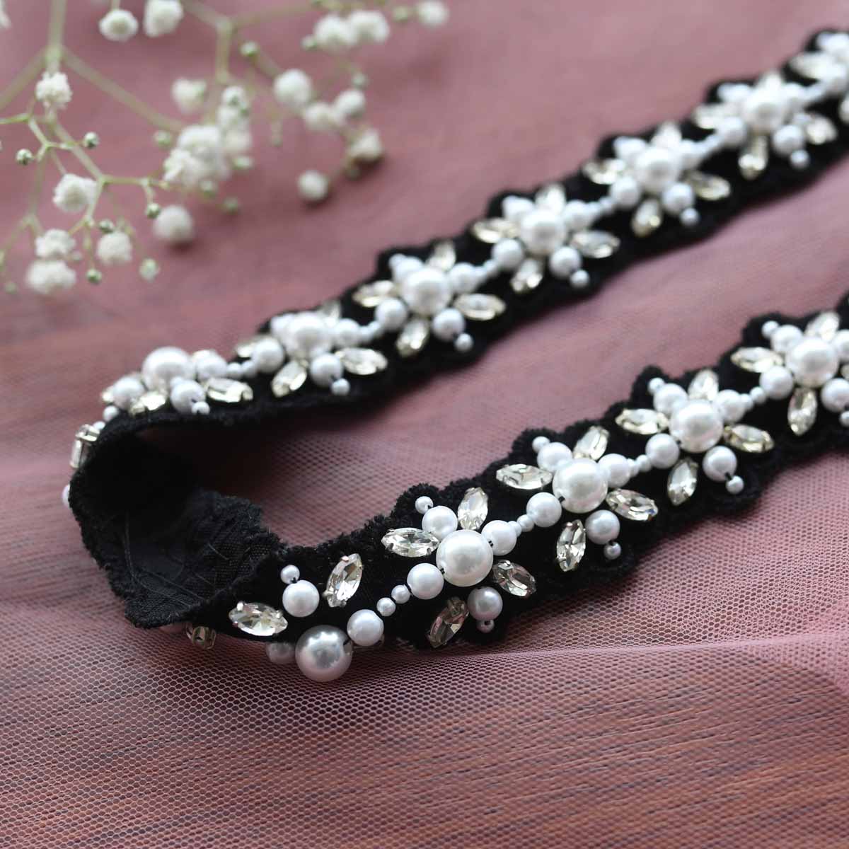 Embroidered Tie up Headband with Crystal Flowers