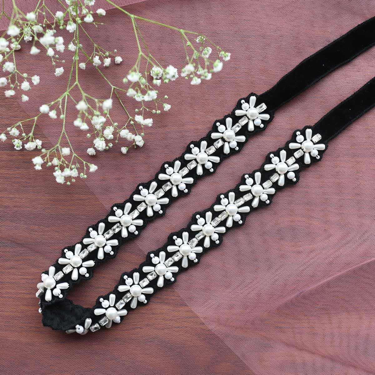 Embroidered Tie up Headband with Pearl Flowers