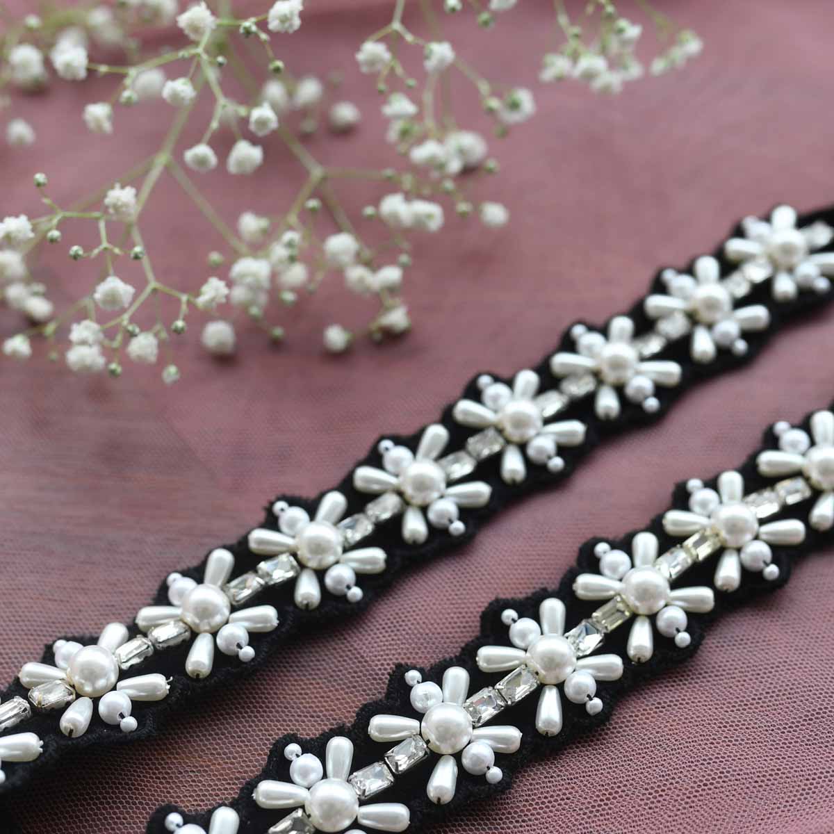 Embroidered Tie up Headband with Pearl Flowers
