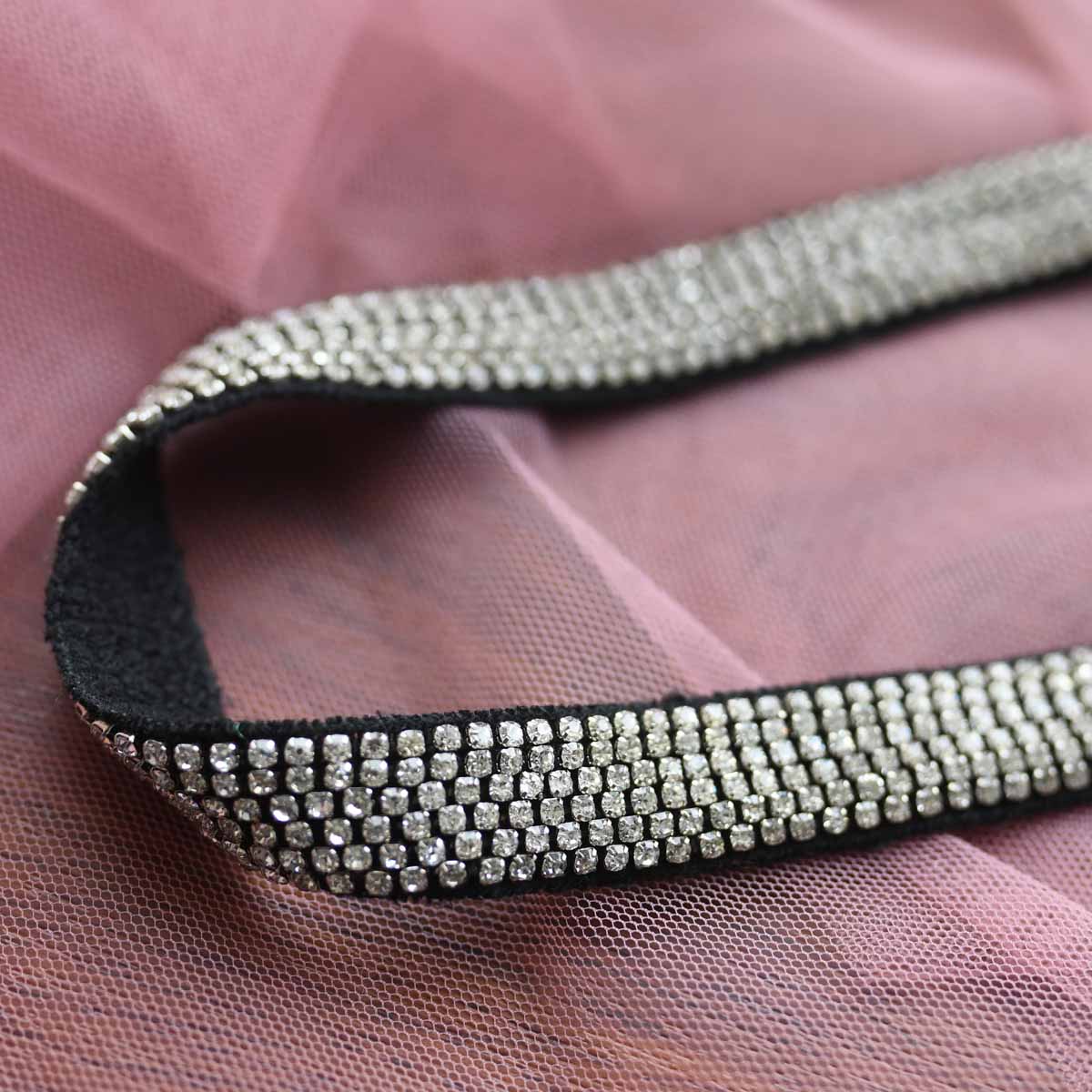 Embroidered Tie up Headband with Crystals on Black