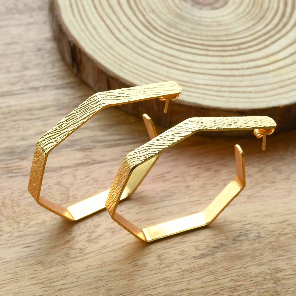 18K Gold Plated Textured Hexagonal Hoops