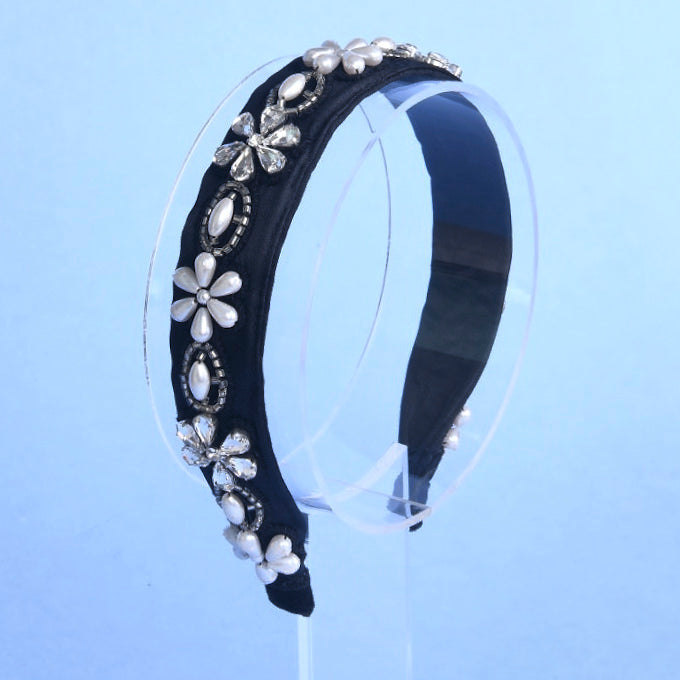 Alternating Pearl and Crystal Flowers Headband