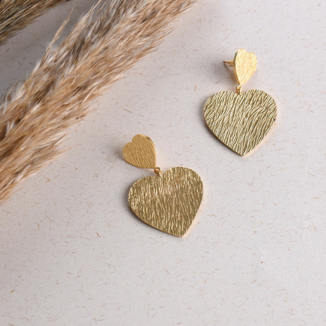 18K Gold Plated Textured Heart on Heart