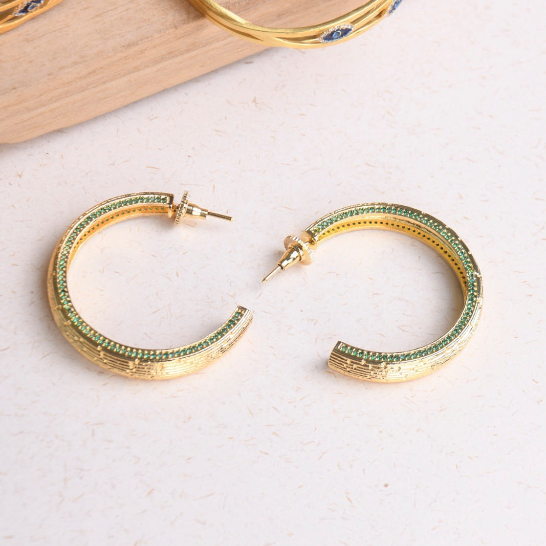 18K Gold Plated Textured Large Hoops with Emerald Diamonte