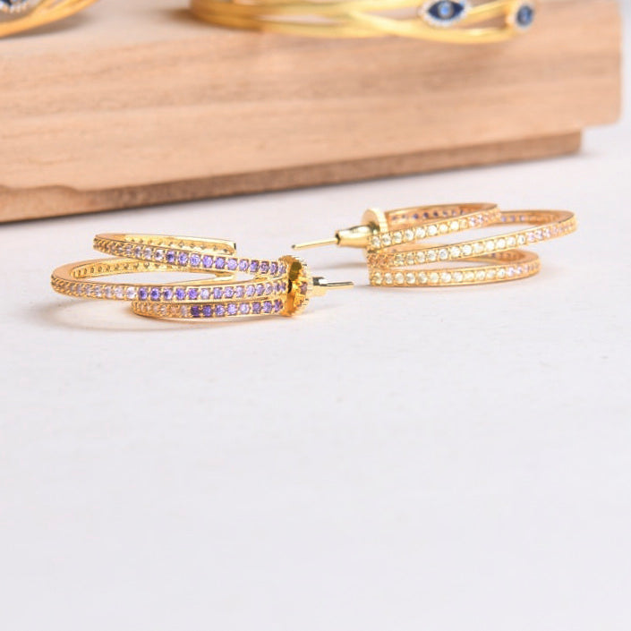 18K Gold Plated Triple Lined Hoops with Shaded Diamonte Detail