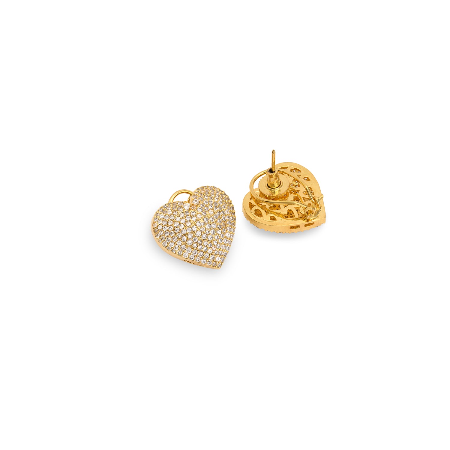 18K Gold Plated Heart Studs with White Diamonte Detail