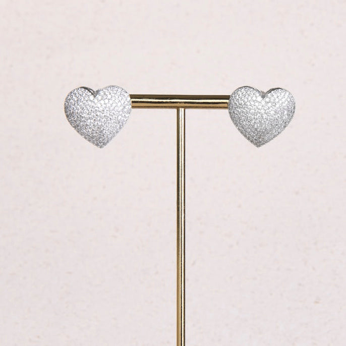 18K White Gold Plated Heart Studs with White Diamonte Detail
