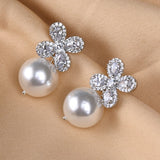 18K White Gold Plated Flower Pearl Tops with White Diamonte Detail