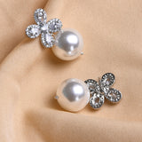 18K White Gold Plated Flower Pearl Tops with White Diamonte Detail