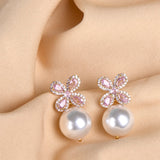 18K Gold Plated Flower Pearl Tops with Pink Diamonte Detail