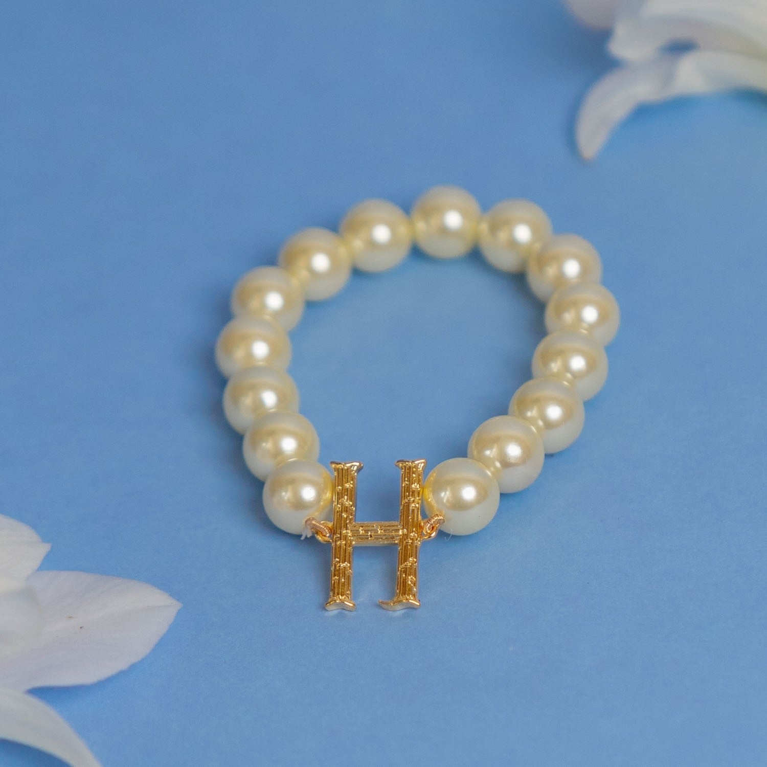 Initial Bracelet H with Ivory Pearls