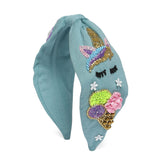 Elsa Headband In Blue Jersey With Embroidery - Icecream Cone