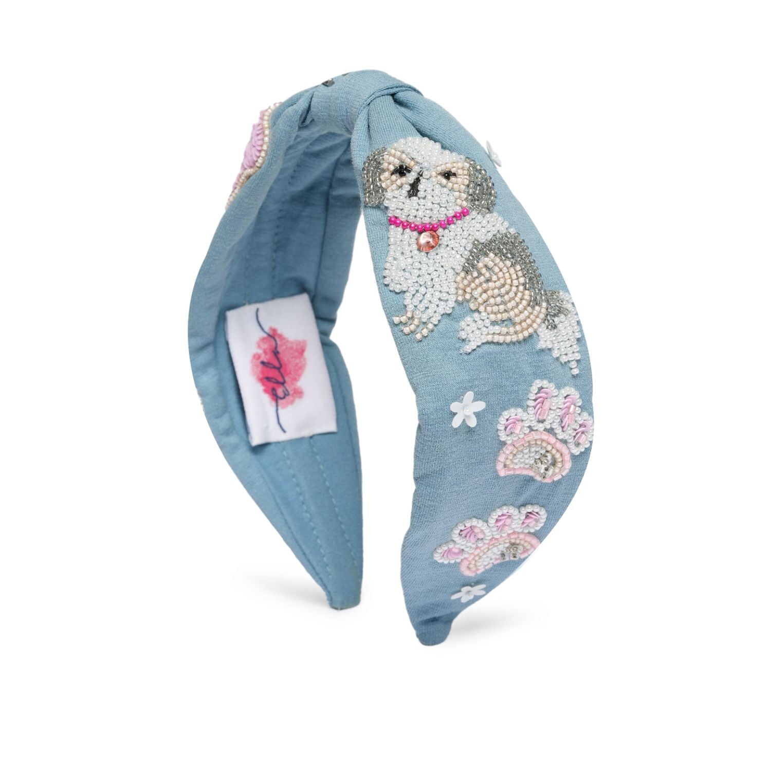 Elsa Headband In Blue Jersey With Embroidery - Animal Lovers